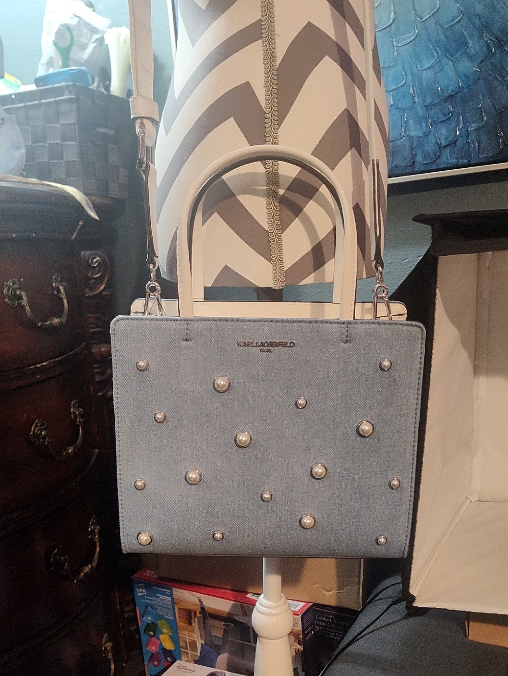 Karl Lagerfeld Denim and Leather tote bag Pearl Embellished Light Blue NWT $228 - Picture 13 of 15